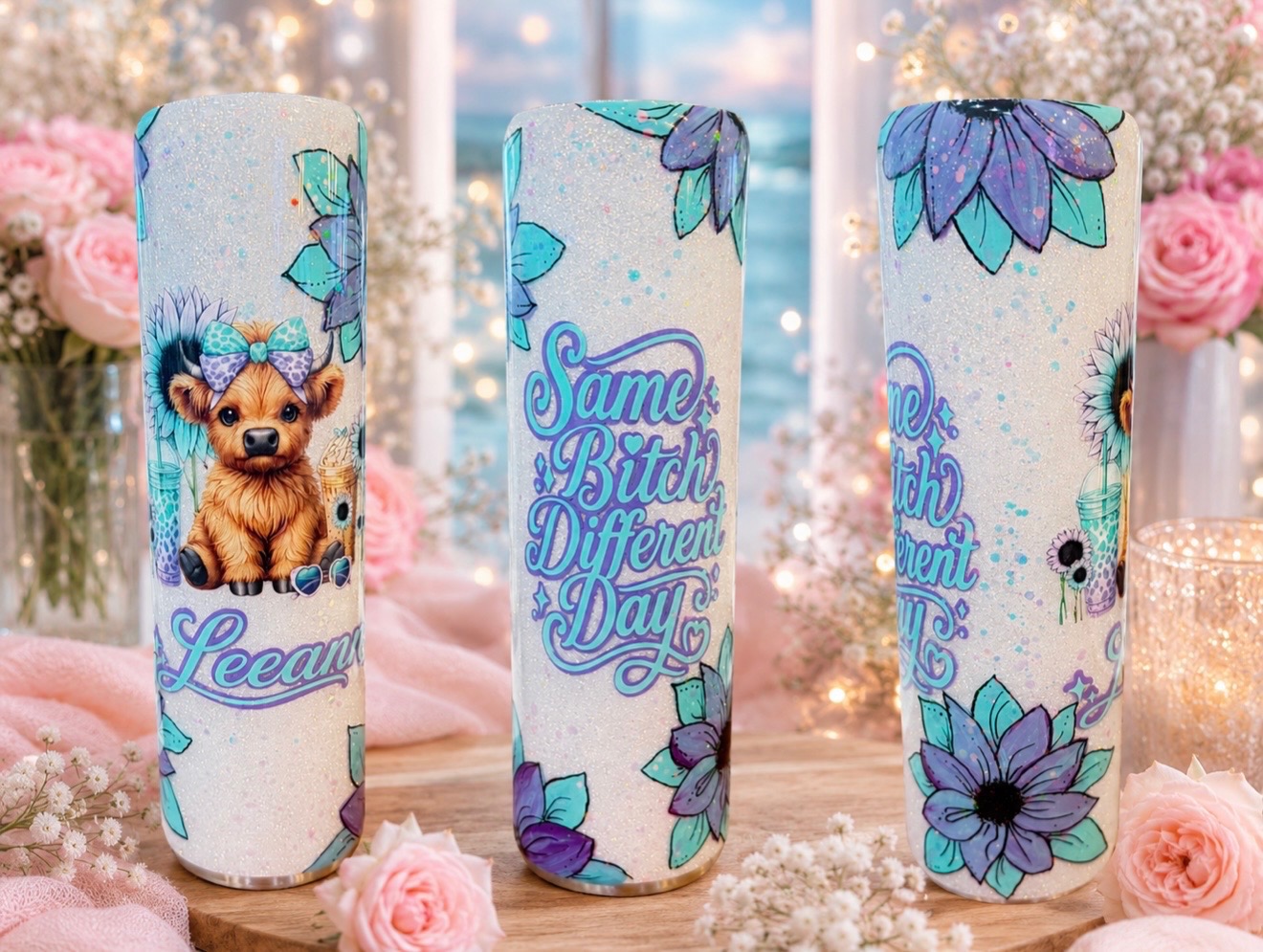 A custom personalized highland cow tumbler set made for a customer